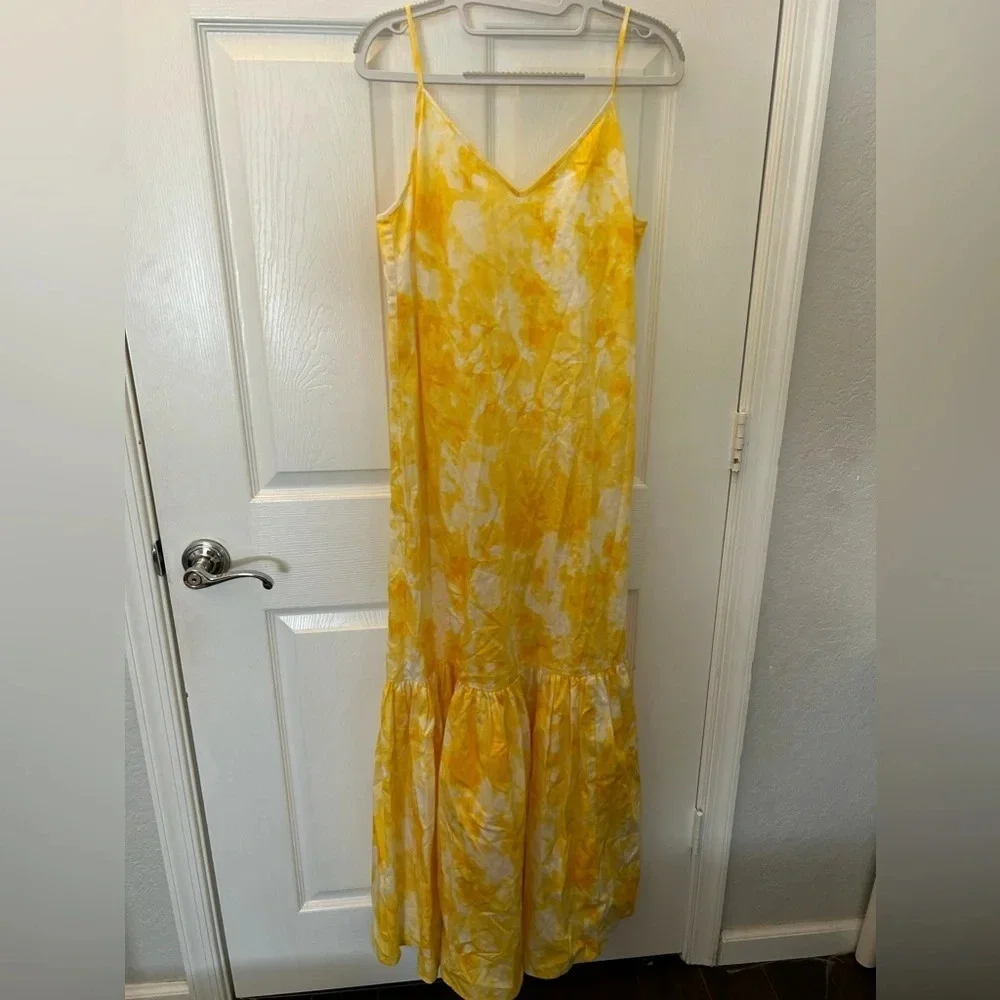 MICHAEL KORS Womens Yellow Tie Dye Sleeveless V Neck Maxi Ruffled Dress